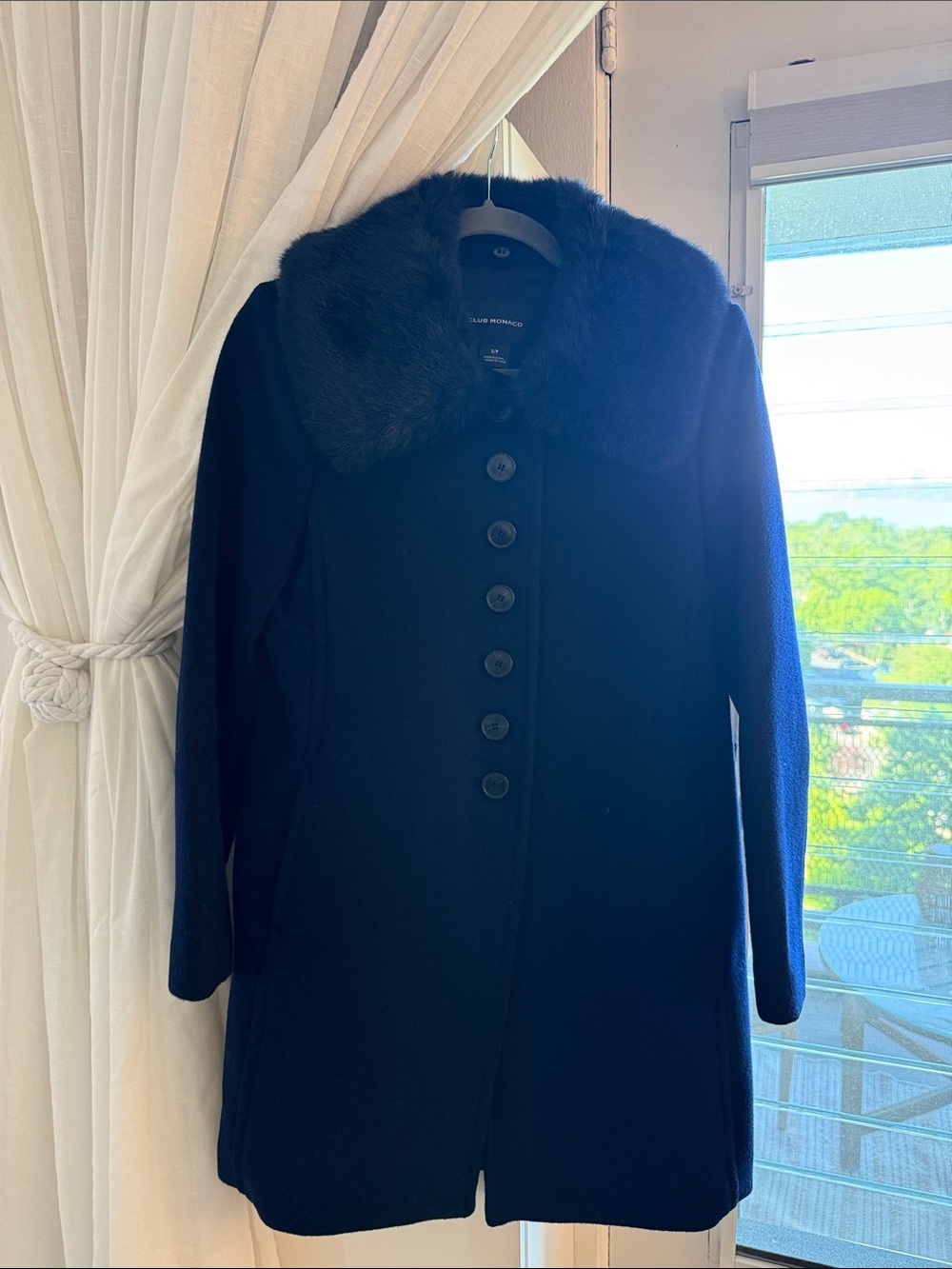 Club Monaco Navy Wool Coat Faux Fur Collar Button Front Size S